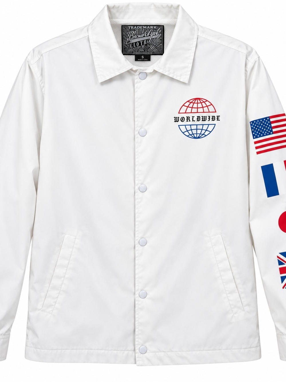 Brooklyn Cloth Men's S Worldwide Coach Jacket White Flag Graphic Streetwear